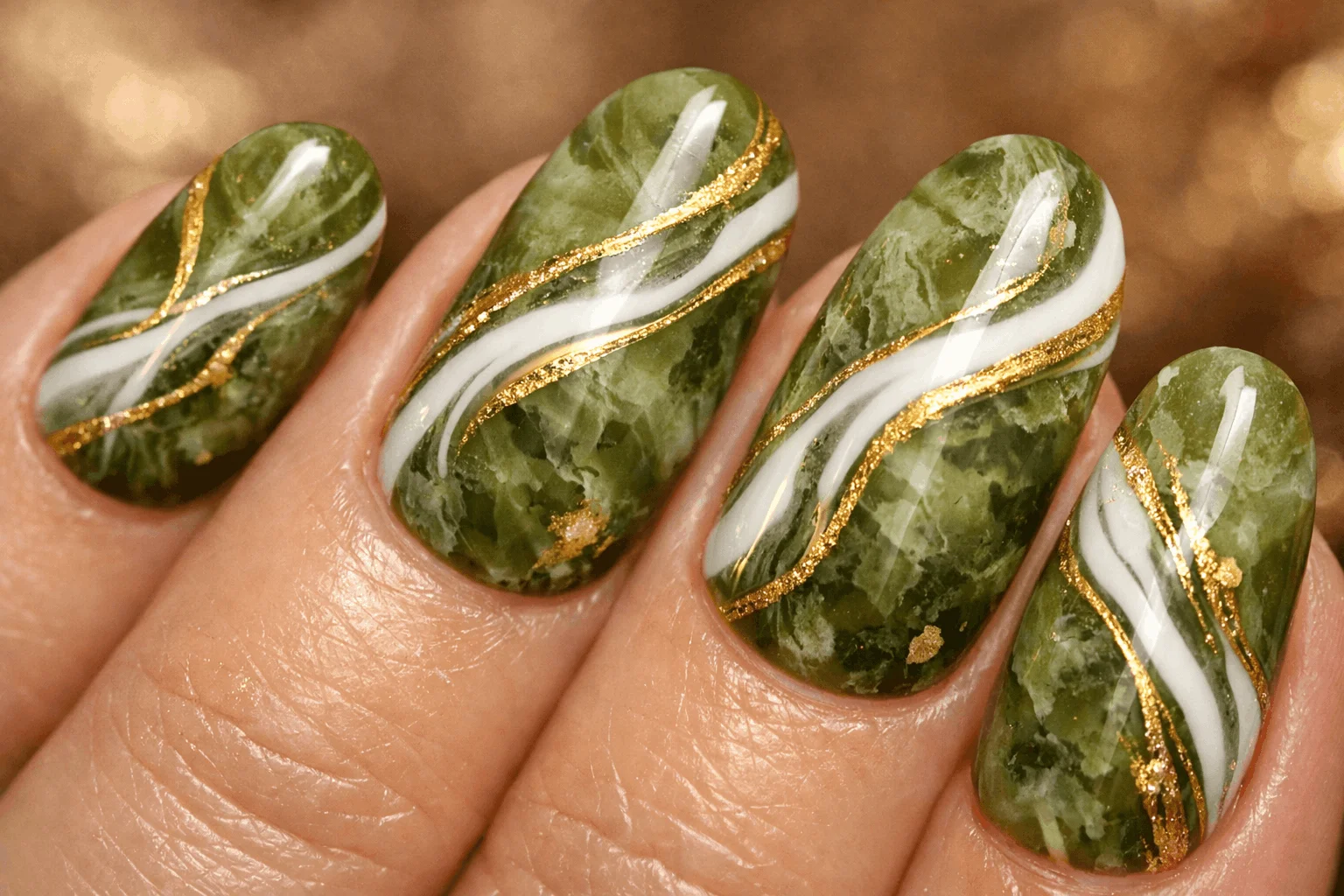 11 Olive Green Fall Nails You’ll Want Now 8 Olive green marble nails with gold swirl accents