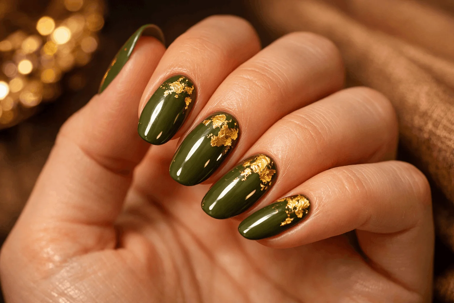 11 Olive Green Fall Nails You’ll Want Now 4 Olive green nails with gold foil luxury fall manicure