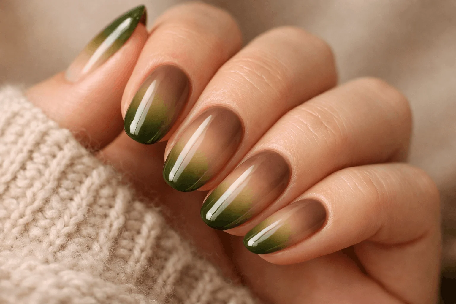 11 Olive Green Fall Nails You’ll Want Now 9 Olive green ombre fall nails gradient manicure