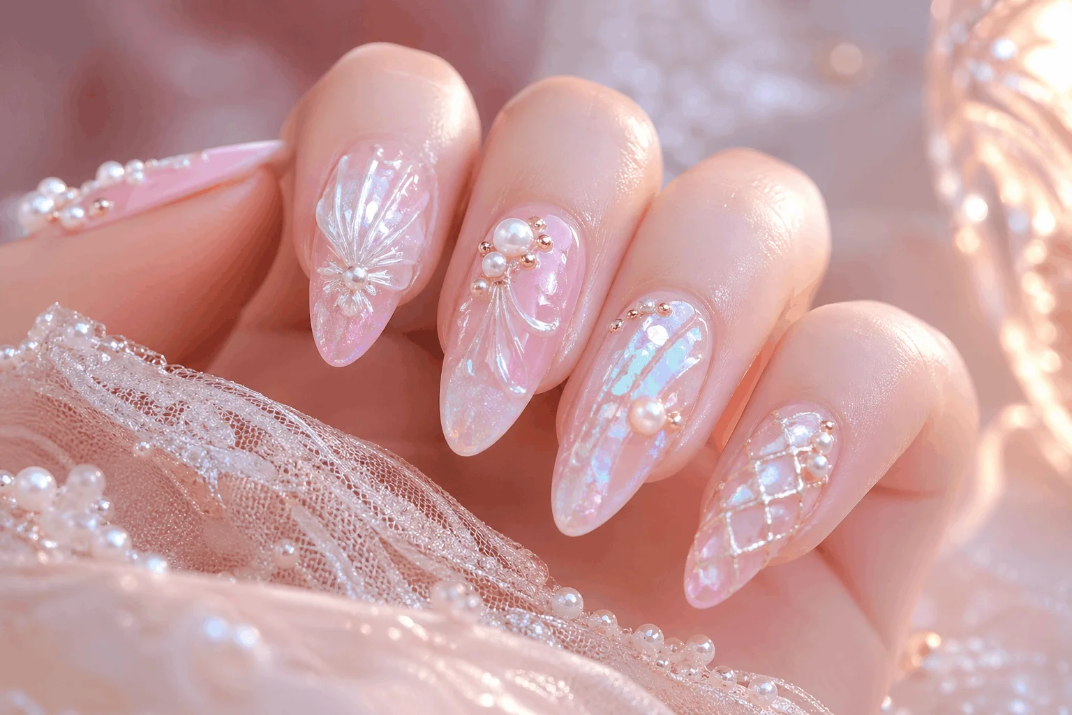 10 Mermaid Nails You Need for a Magical Glow Up 9 Pearl embellished mermaid nails design