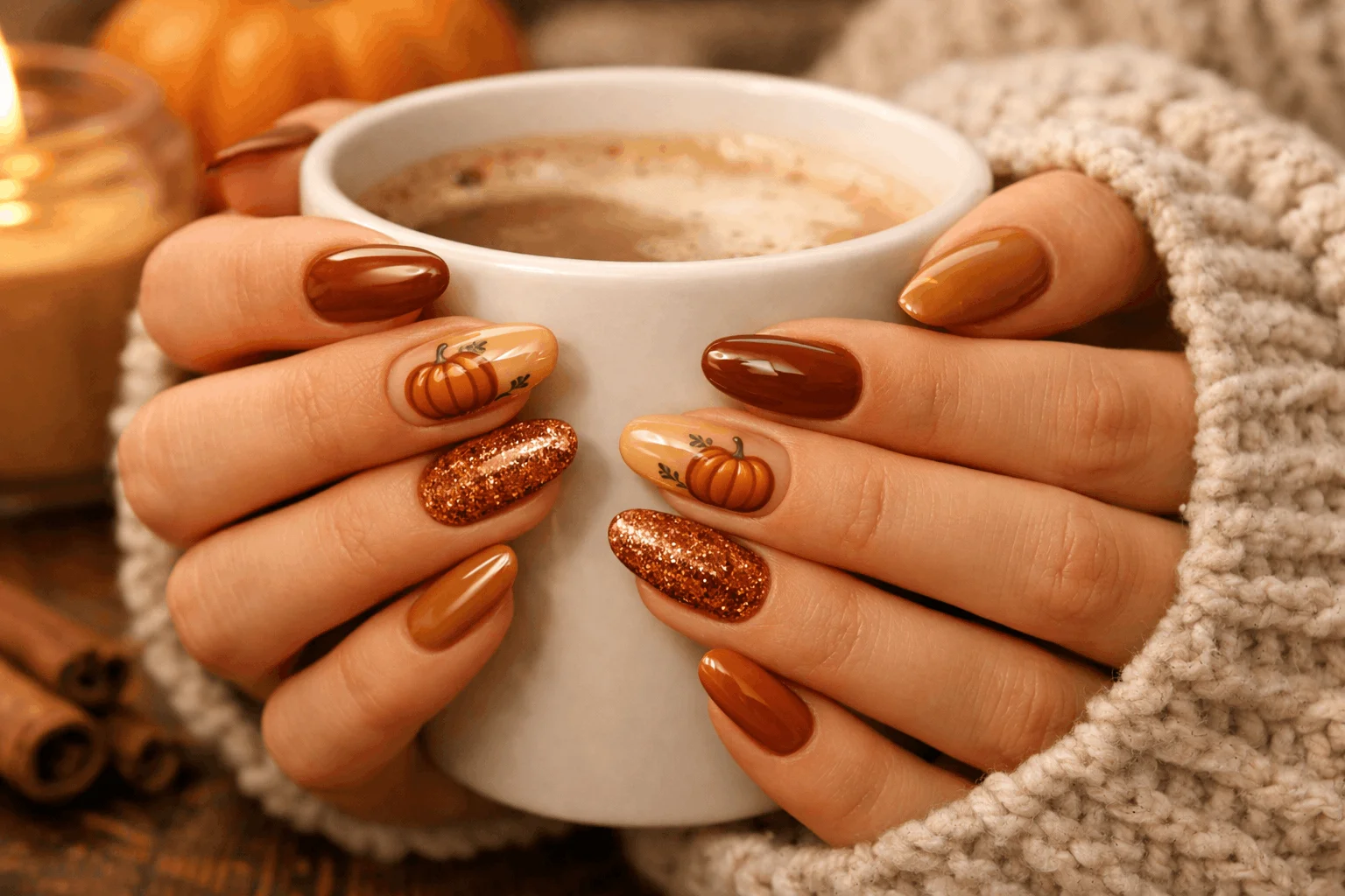 11 Trendy Pumpkin Nails for a Chic Fall Vibe 7 Pumpkin spice nails with warm autumn tones