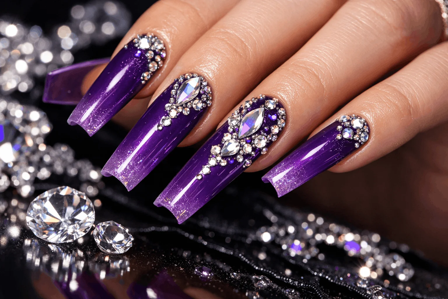 12 Purple Fall Nails Ideas You’ll Want to Copy 11 Purple acrylic fall nails with rhinestones