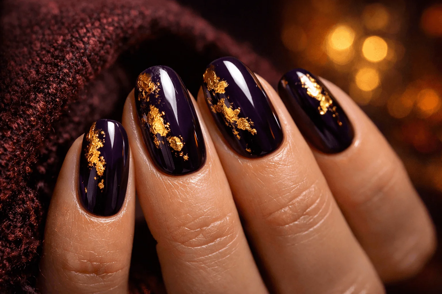 12 Purple Fall Nails Ideas You’ll Want to Copy 6 Purple fall nails with gold foil accents
