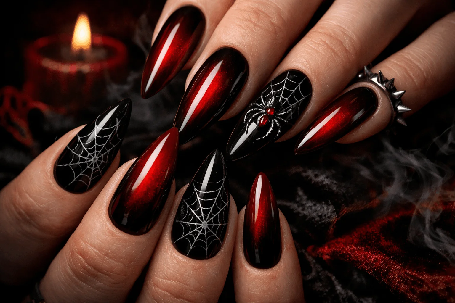 13 Spider Web Acrylic Nails You’ll Want to Copy 6 Red and black gothic spider web acrylic nails