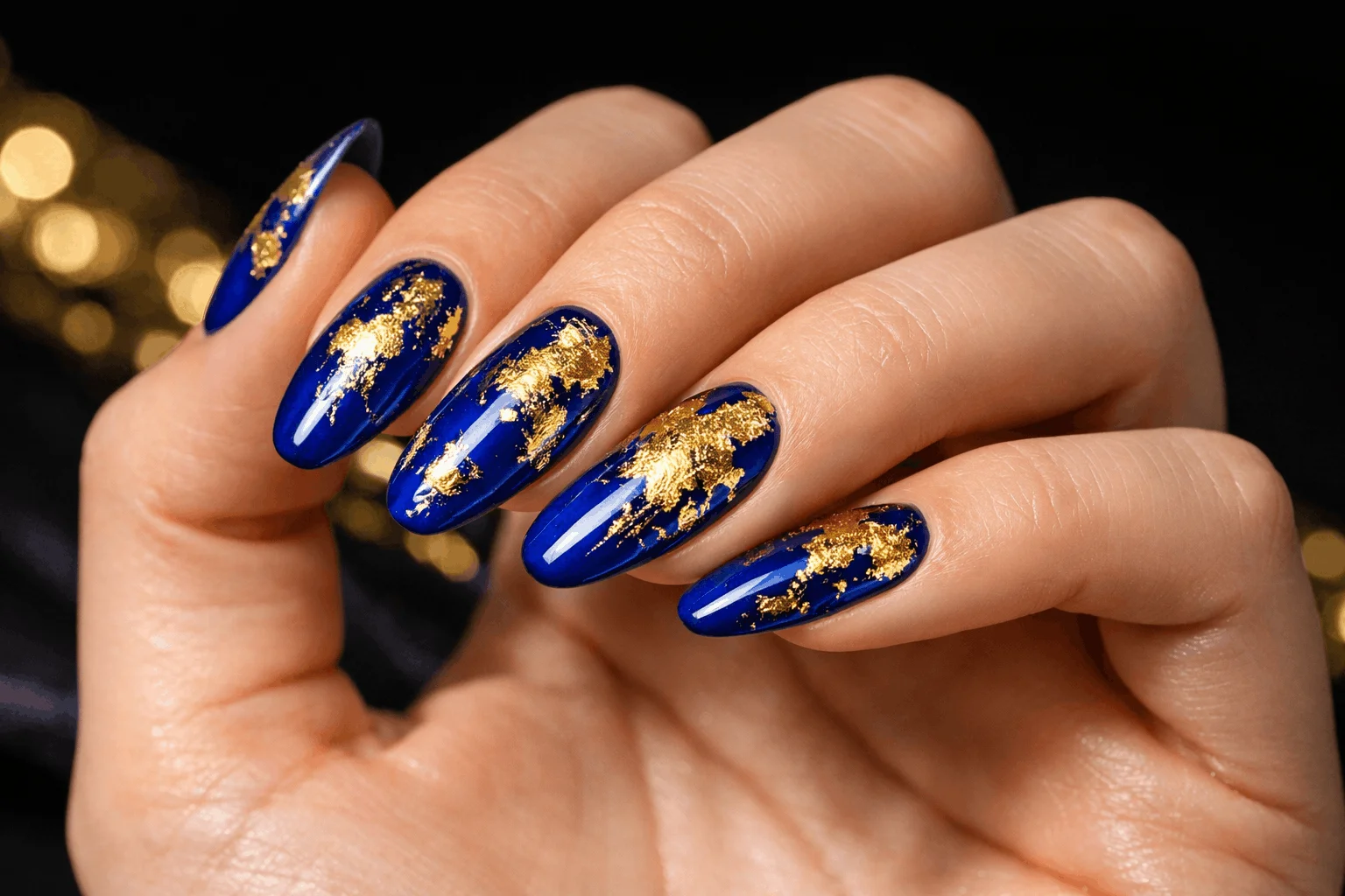 19 Royal Blue Nails for Stunning Manicures 8 Royal blue nails with gold foil luxury manicure