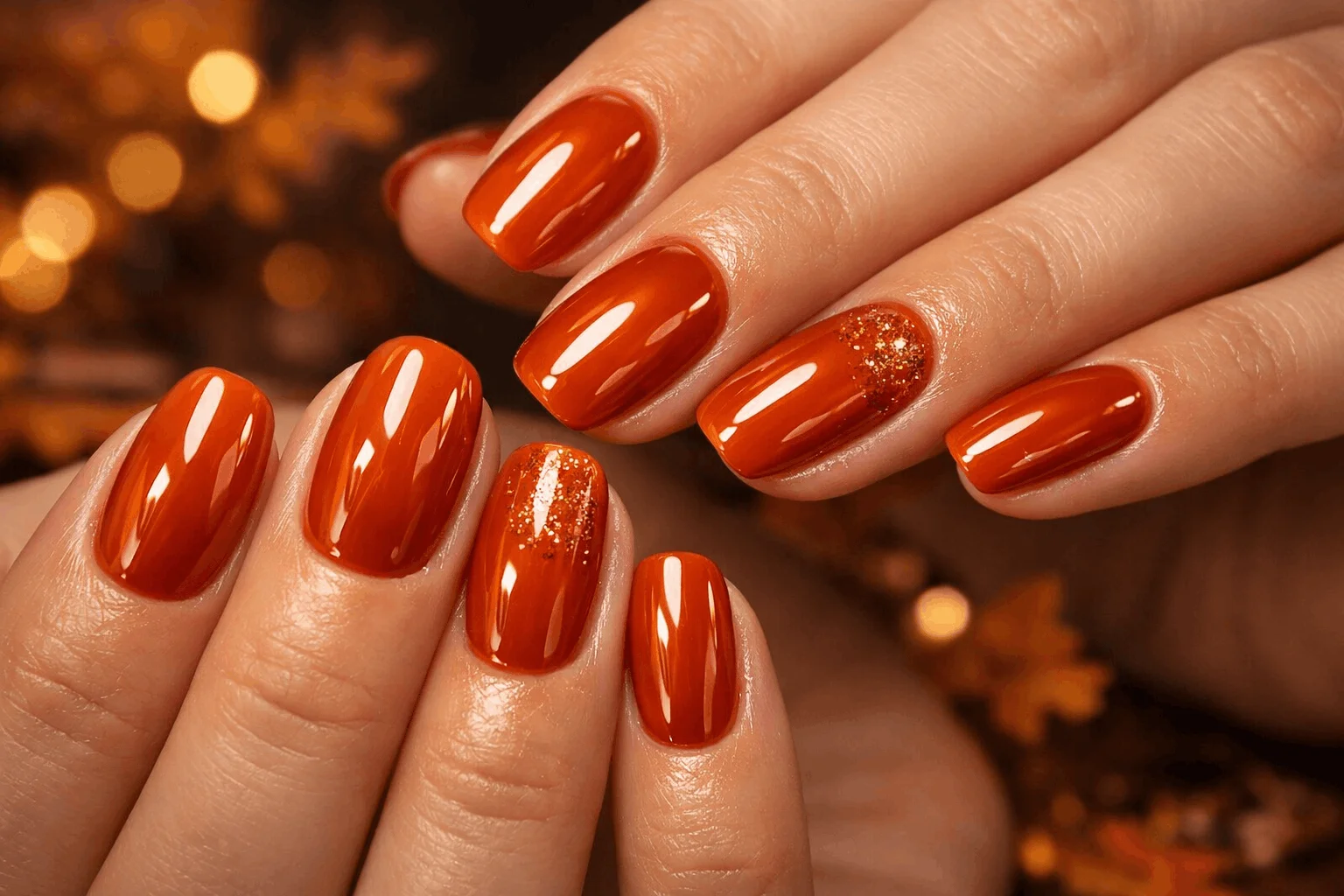 11 Trendy Pumpkin Nails for a Chic Fall Vibe 3 Shiny pumpkin gel nail design with glossy finish