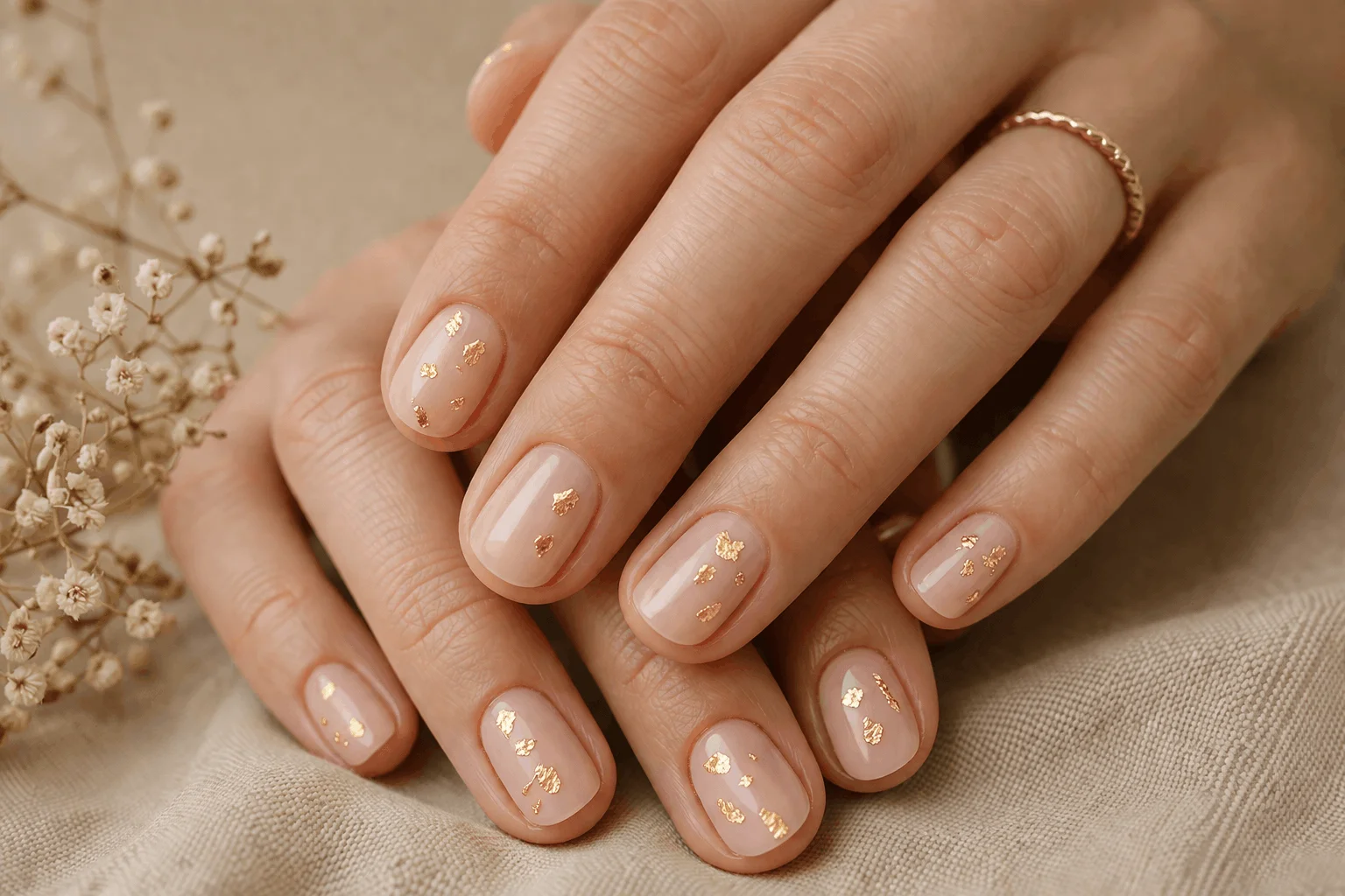 11 Cute Nails for Fall You Can Copy Right Now 7 Short cute fall nails with nude base and gold foil accents