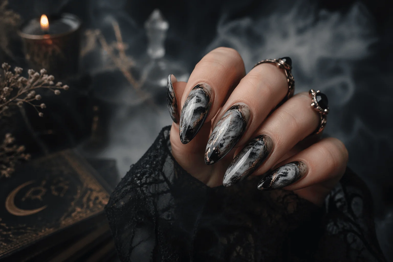 12 Witchy Nails That Feel Pure Dark Magic 7 Smoky marble witchcore nails with mystical texture