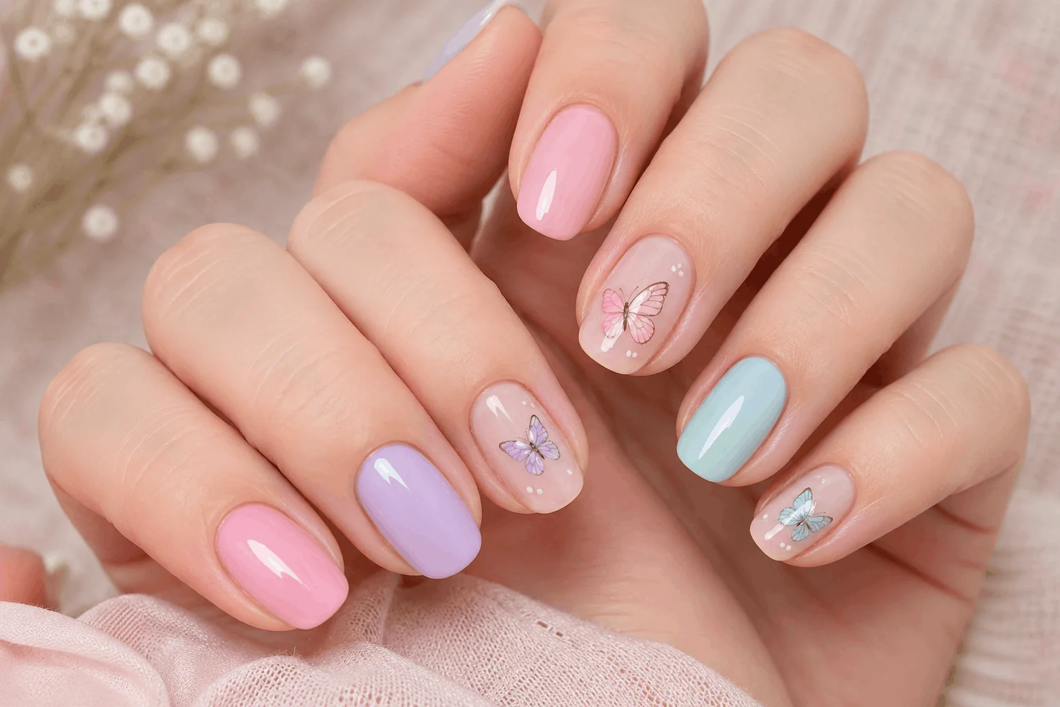10 Butterfly Nails Designs You’ll Want This Season 2 Glamorous woman showing pastel glitter butterfly nails design