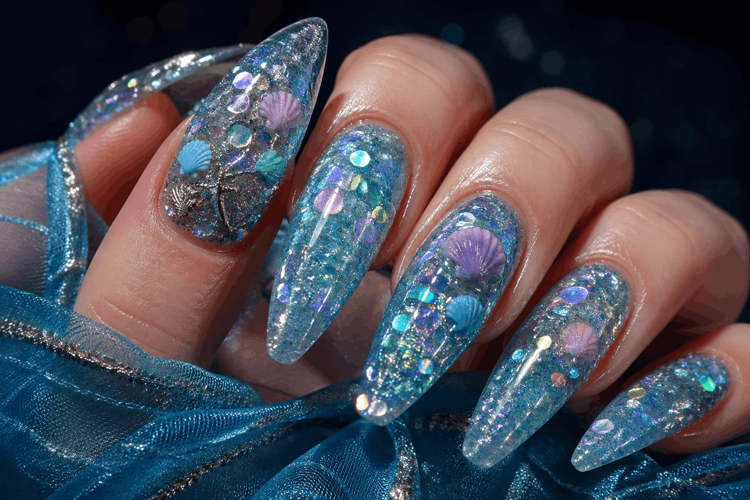 10 Mermaid Nails You Need for a Magical Glow Up 6 Sparkling glitter mermaid nails with ocean shimmer