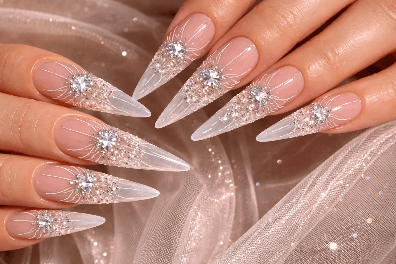 13 Spider Web Acrylic Nails You’ll Want to Copy 8 Spider web acrylic nails with rhinestone details