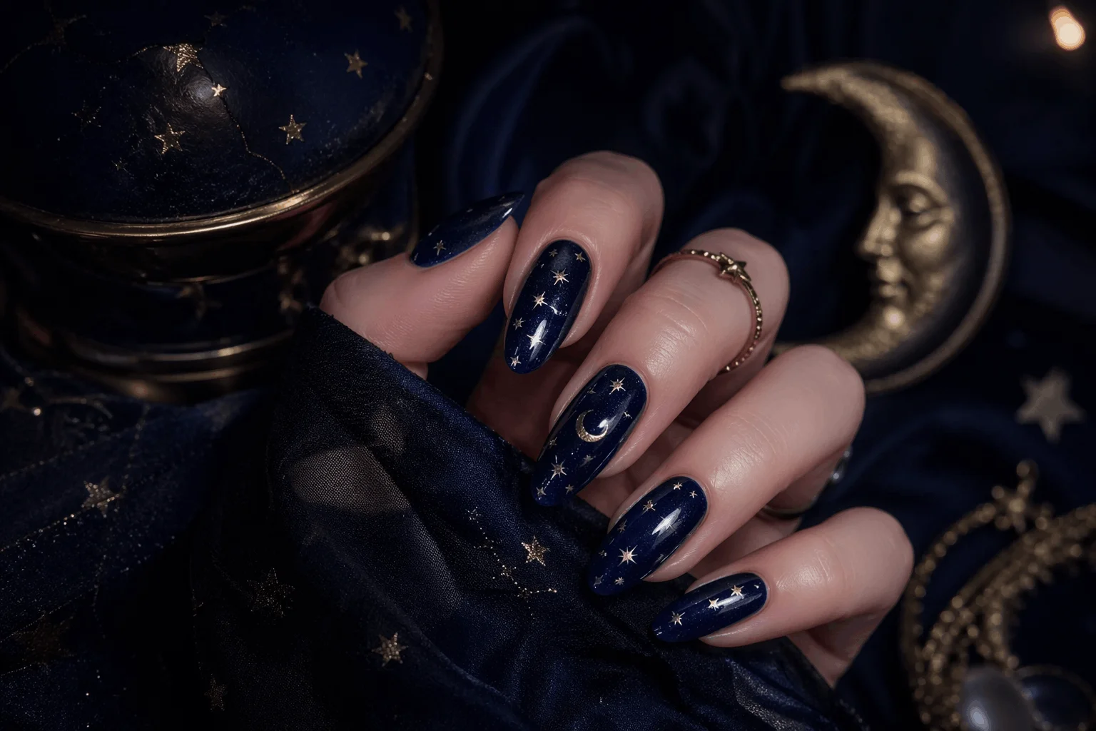 10 Spooky October Nails That Are Perfectly Chic 8 Spooky October nails with midnight blue and star accents