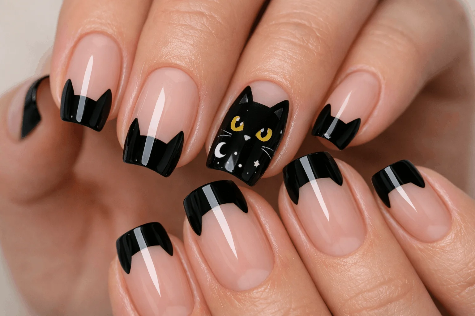 12 Halloween Cat Nails for a Spooky Chic Look 8 Spooky french tip halloween cat nails design