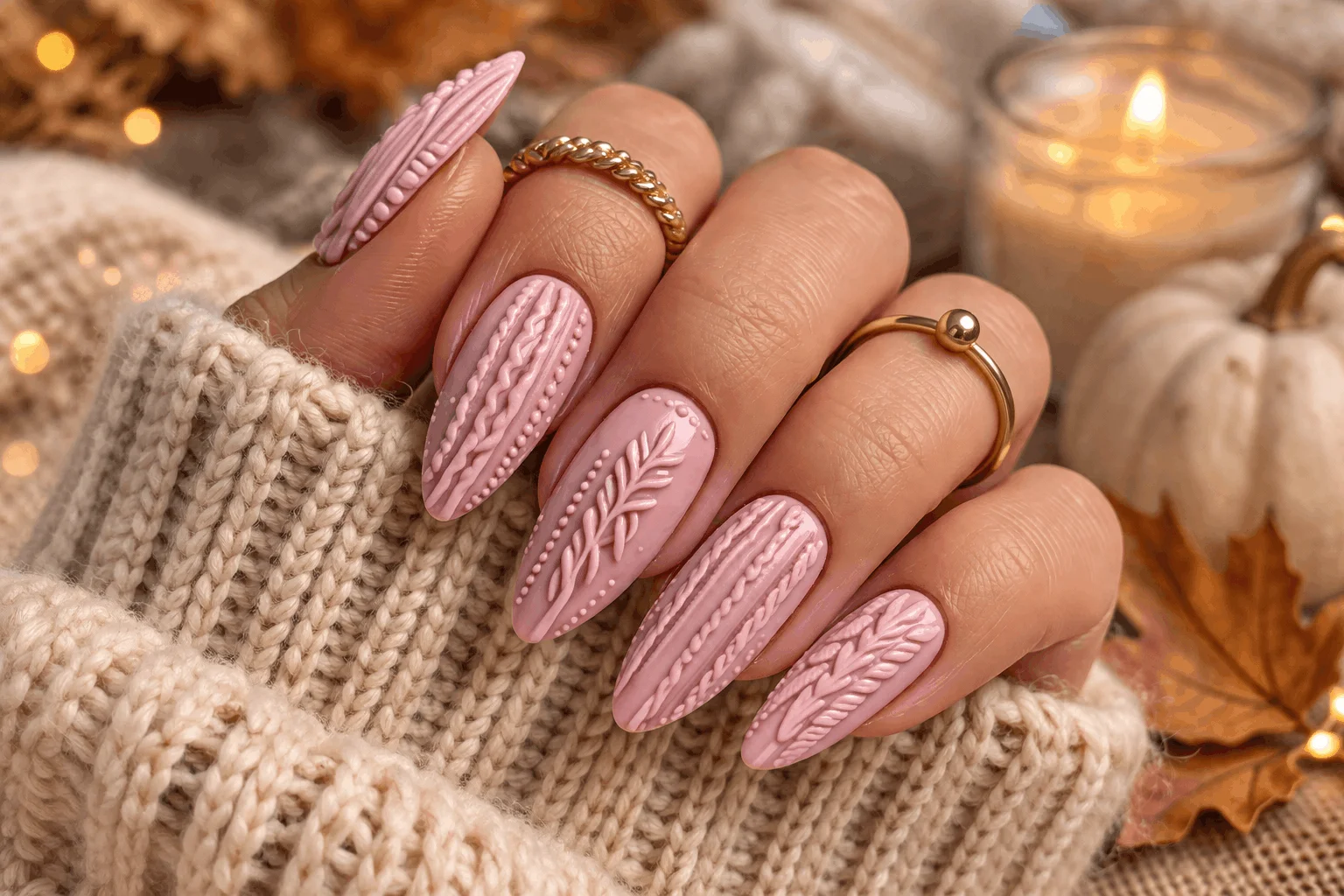 11 Pink Autumn Nails That Are Soft & Stunning 10 Sweater texture pink autumn nails design