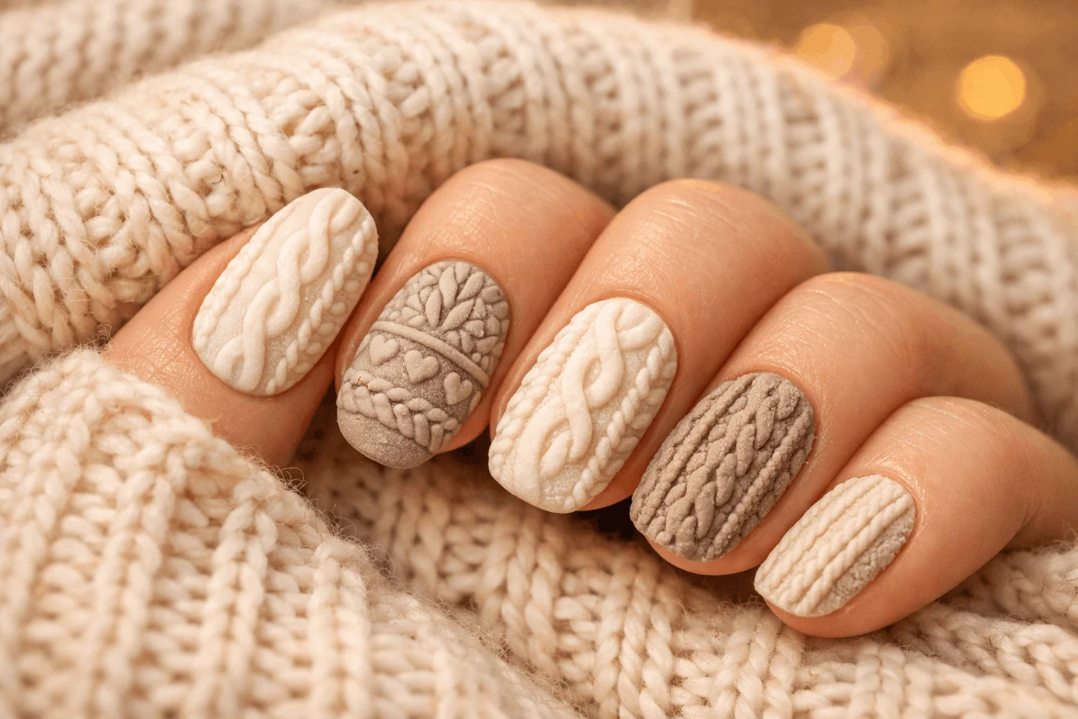 11 Cute Nails for Fall You Can Copy Right Now 10 Sweater texture short cute fall nails cozy design
