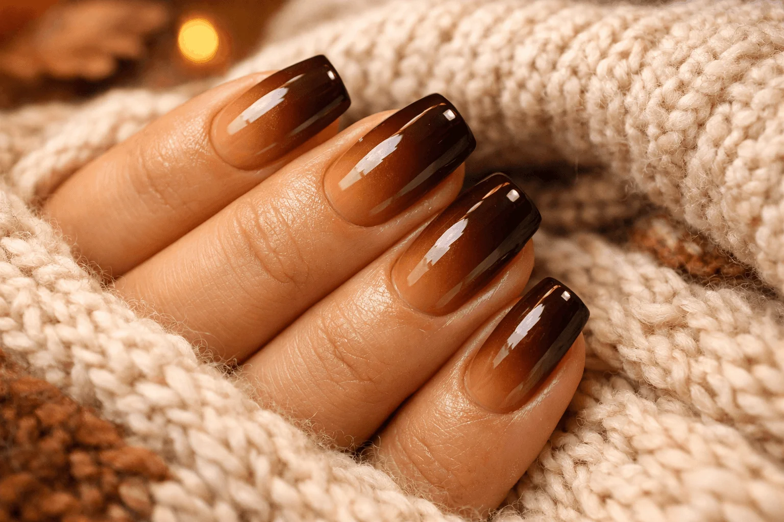 11 Cute Nails for Fall You Can Copy Right Now 2 Warm brown ombre cute nails for fall with glossy finish