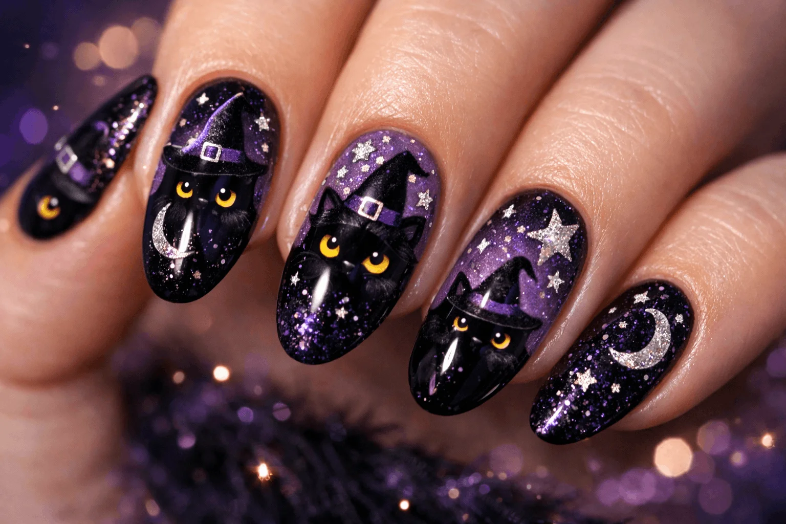 12 Halloween Cat Nails for a Spooky Chic Look 12 Witch hat cat halloween nails with magical design