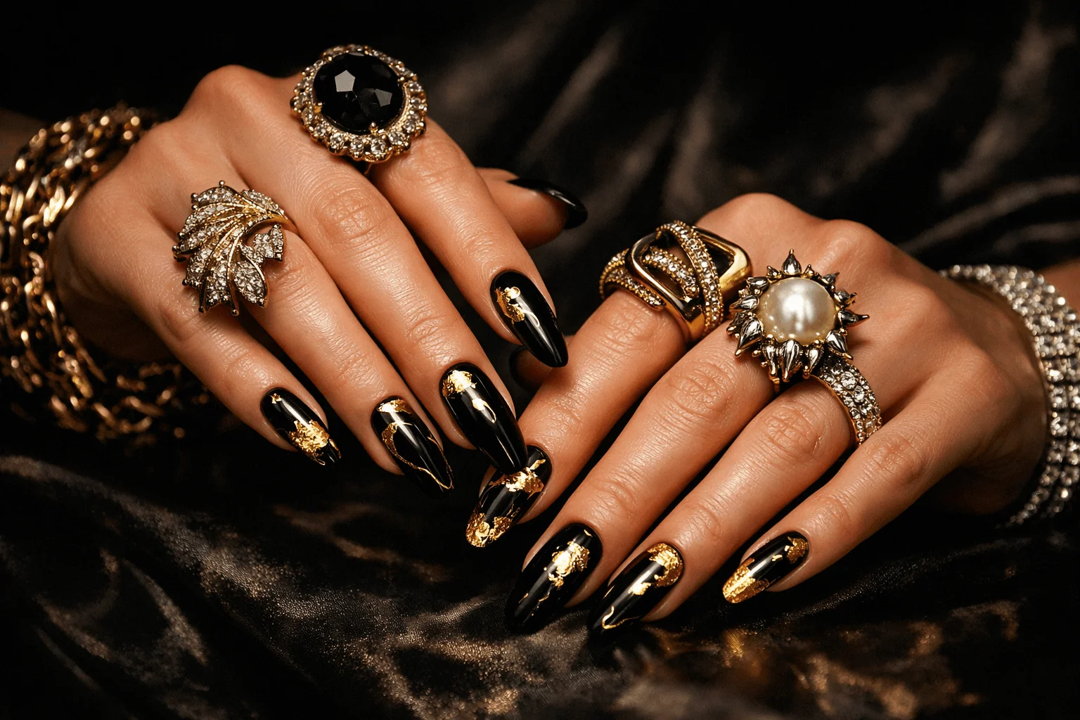 10 Dark Fall Nails That Define Fall Fashion 9 black and gold glamorous fall nail design