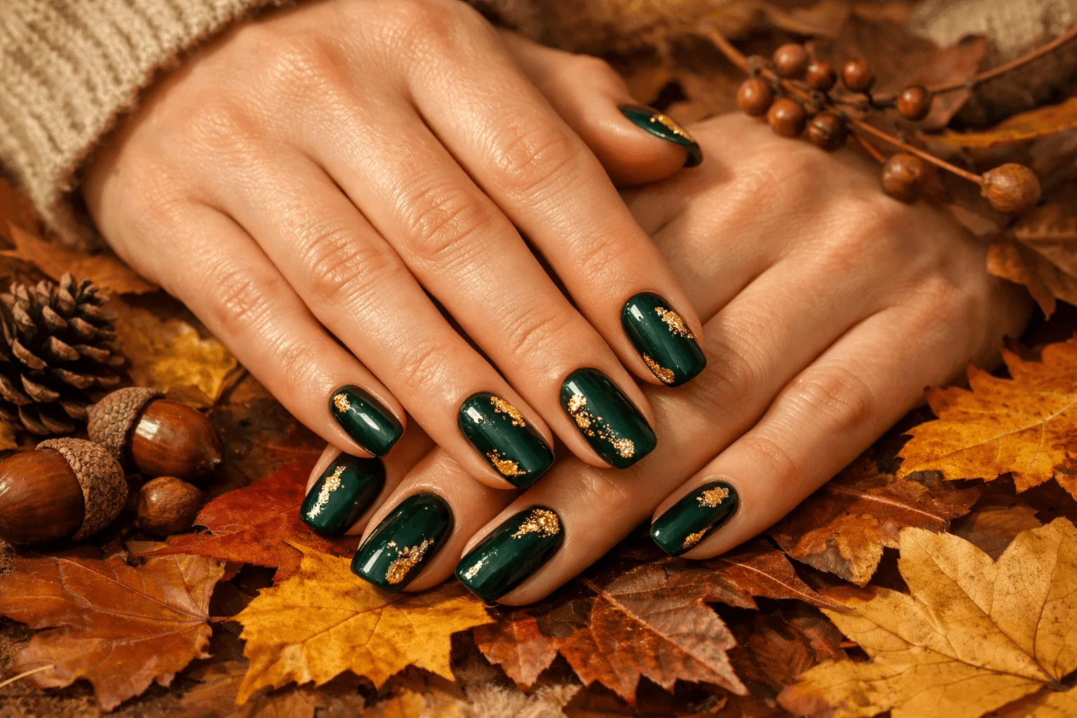 10 Dark Fall Nails That Define Fall Fashion 7 forest green fall nails with gold accents