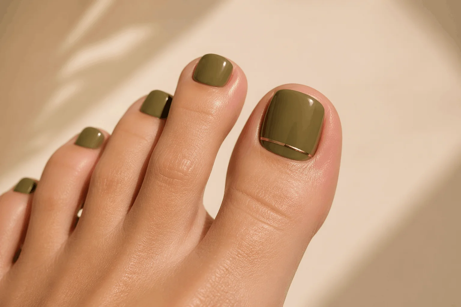 10 Fall Pedicure Ideas to Elevate Your Style 4 olive green fall toe nails minimalist design