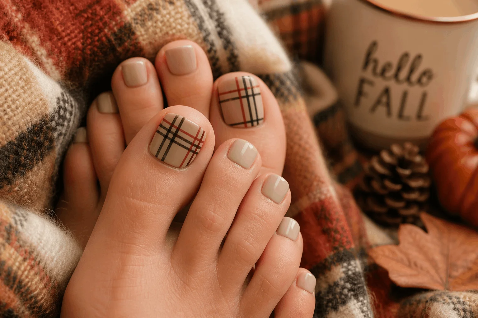 10 Fall Pedicure Ideas to Elevate Your Style 5 plaid fall pedicure ideas cozy nail design
