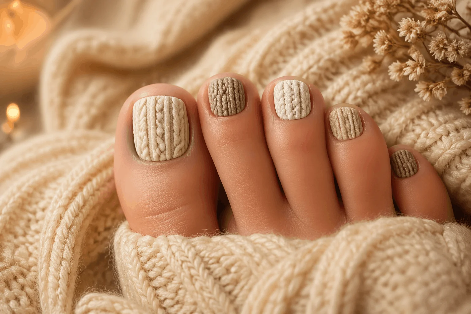 10 Fall Pedicure Ideas to Elevate Your Style 9 sweater texture fall toe nails cozy nail art