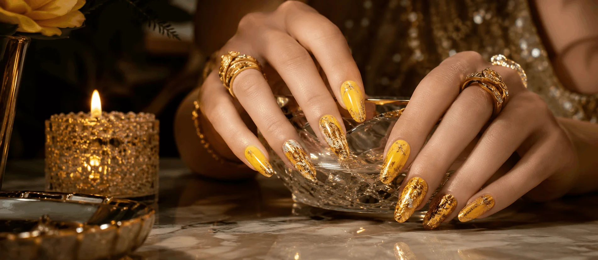 11 Yellow Summer Nails That Look So Bright & Cute 11 10 Luxury yellow nails with glamorous gold accents for summer