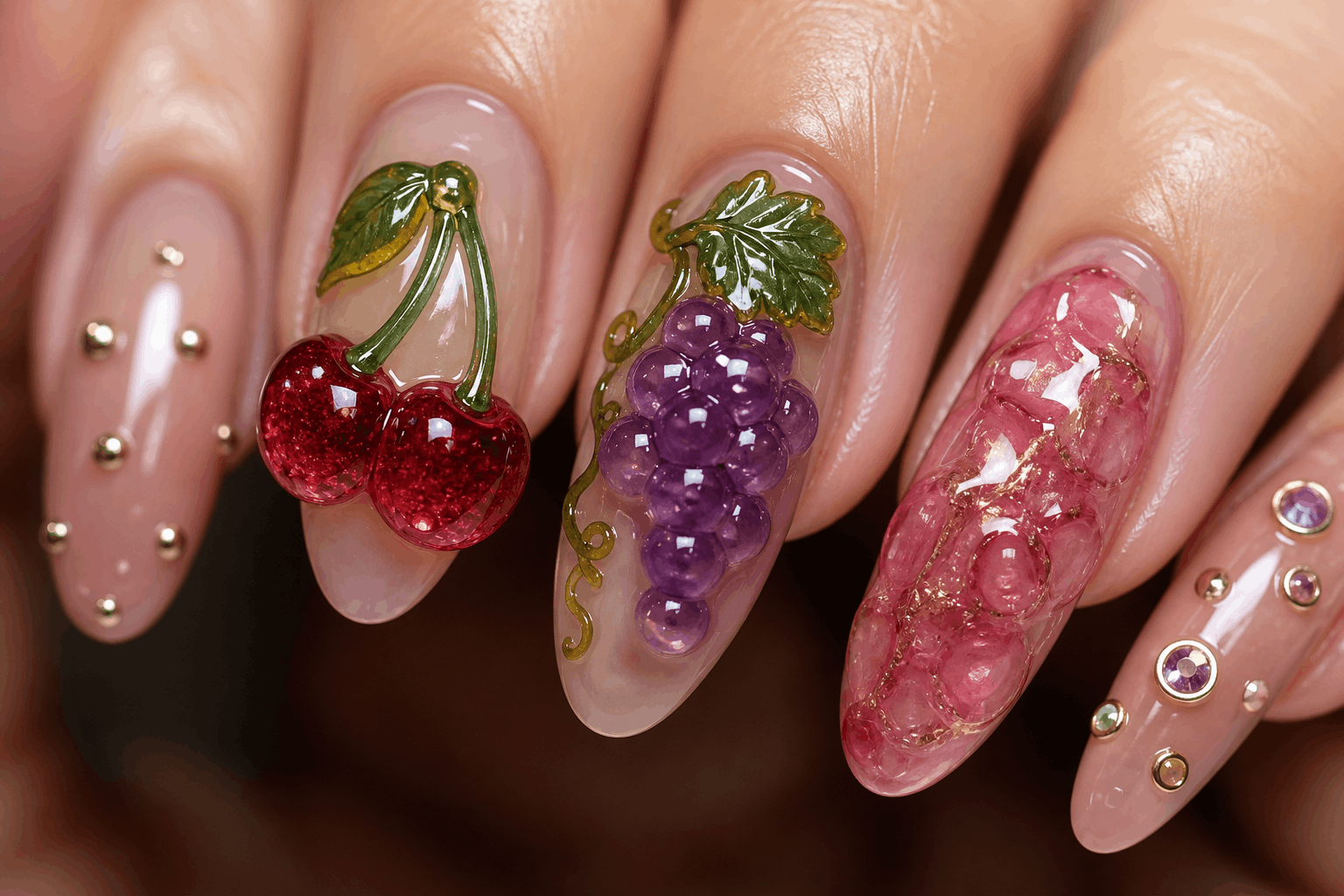 10 Fruit Gel Nails That Look Fresh and Fun 7 3D fruit gel nails with raised cherry nail art design