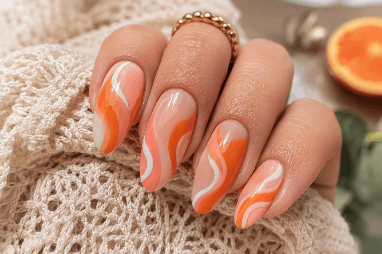 10 Orange Summer Nails That Scream Vacation Mode 11 Abstract wave orange nails with trendy retro design