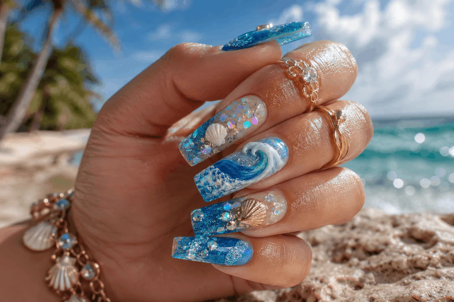 10 Wave Acrylic Nails Perfect for Summer Vibes 8 Beach-inspired glitter wave acrylic nails for summer