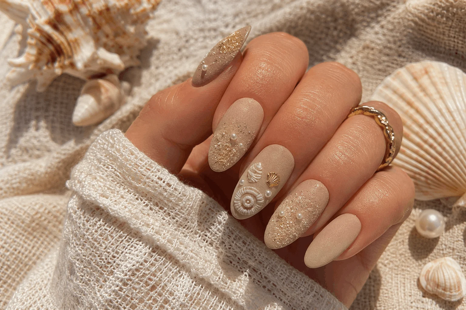 10 Summer Seashell Nails for a Coastal Glam Look 8 Beach sand texture nails with seashell details