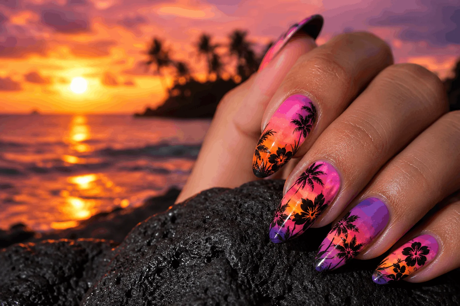 10 Pink Hibiscus Nails That Feel Like Paradise 5 Beach sunset hibiscus nails with tropical ombre colors
