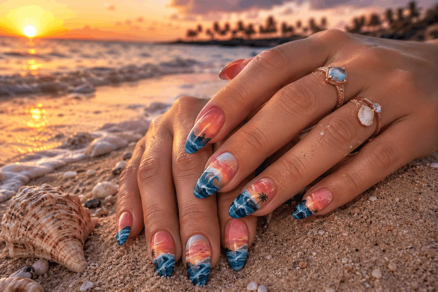 10 Tropical Sunset Nails That Scream Summer Vibes 7 Beach sunset nails with ocean wave nail art