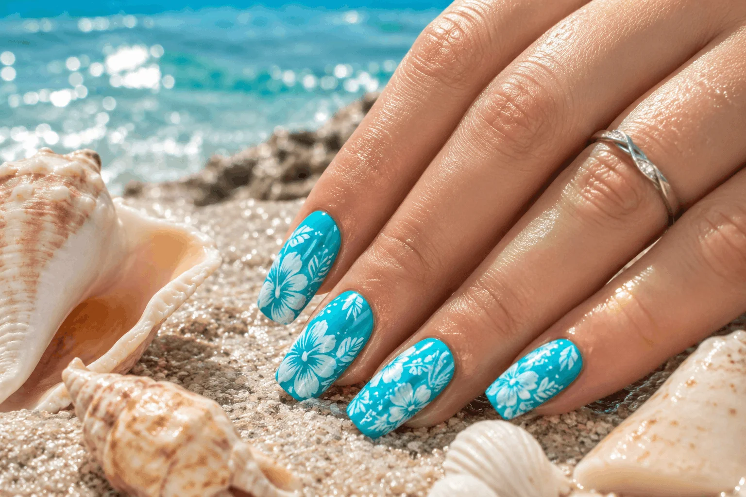 10 Summer Hibiscus Nails You’ll Want Right Away 5 Beachy blue hibiscus nails with tropical floral design
