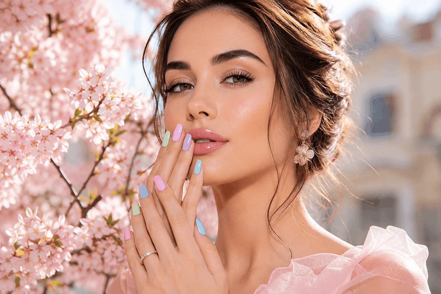 11 Fresh Spring Square Nails to Try This Season 1 Beautiful glamorous woman showcasing trendy spring square nails with pastel manicure
