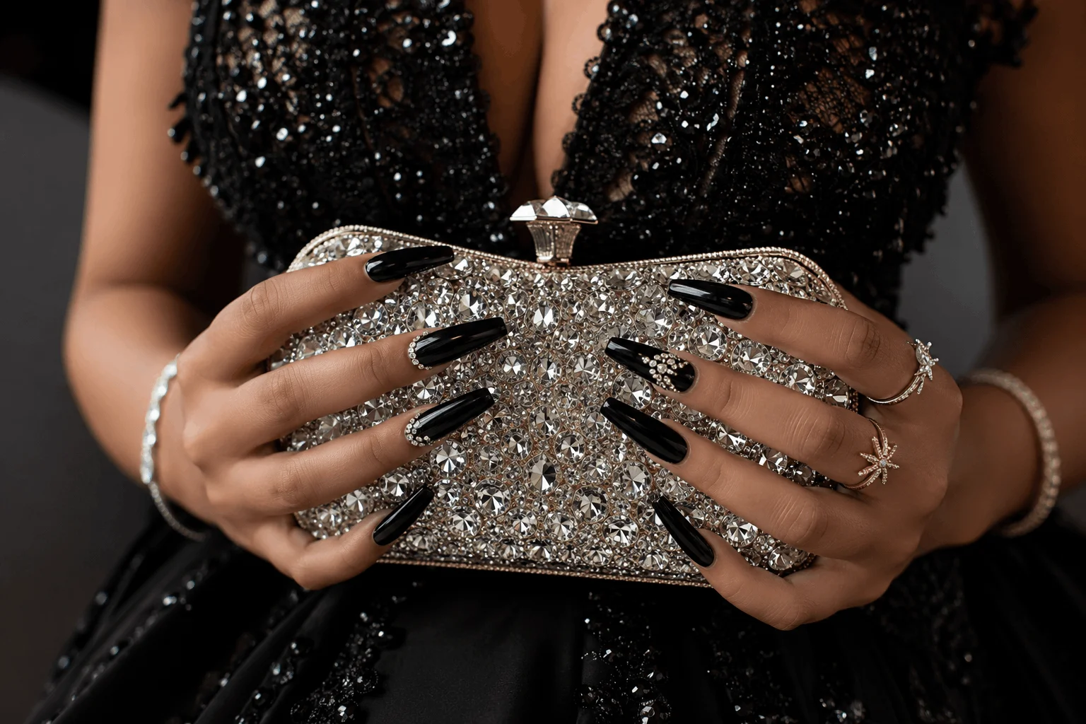 10 Black Prom Nails That Scream Luxury Glam 8 Black coffin prom nails with rhinestone glam