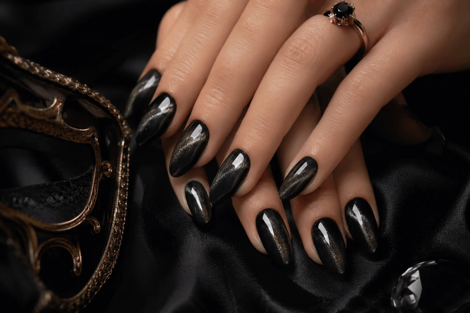 10 Black Prom Nails That Scream Luxury Glam 10 Black velvet cat eye nails for glamorous prom look