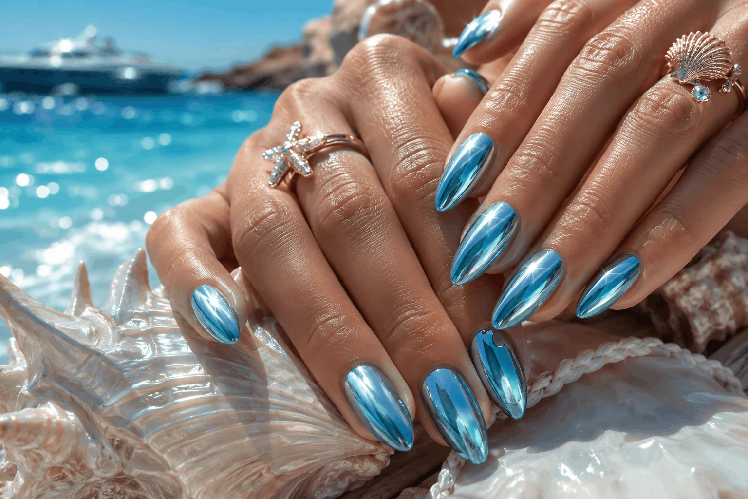 11 August Nails Everyone Will Be Wearing This Summer 3 Blue chrome ocean-inspired summer August nails