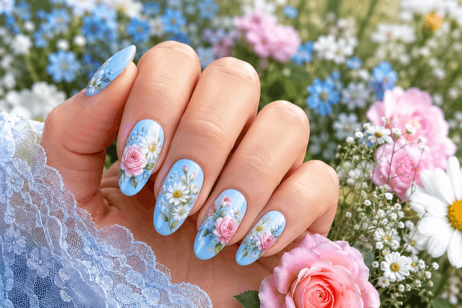 11 Light Blue Spring Nails for a Fresh New Look 8 Blue floral nails for spring