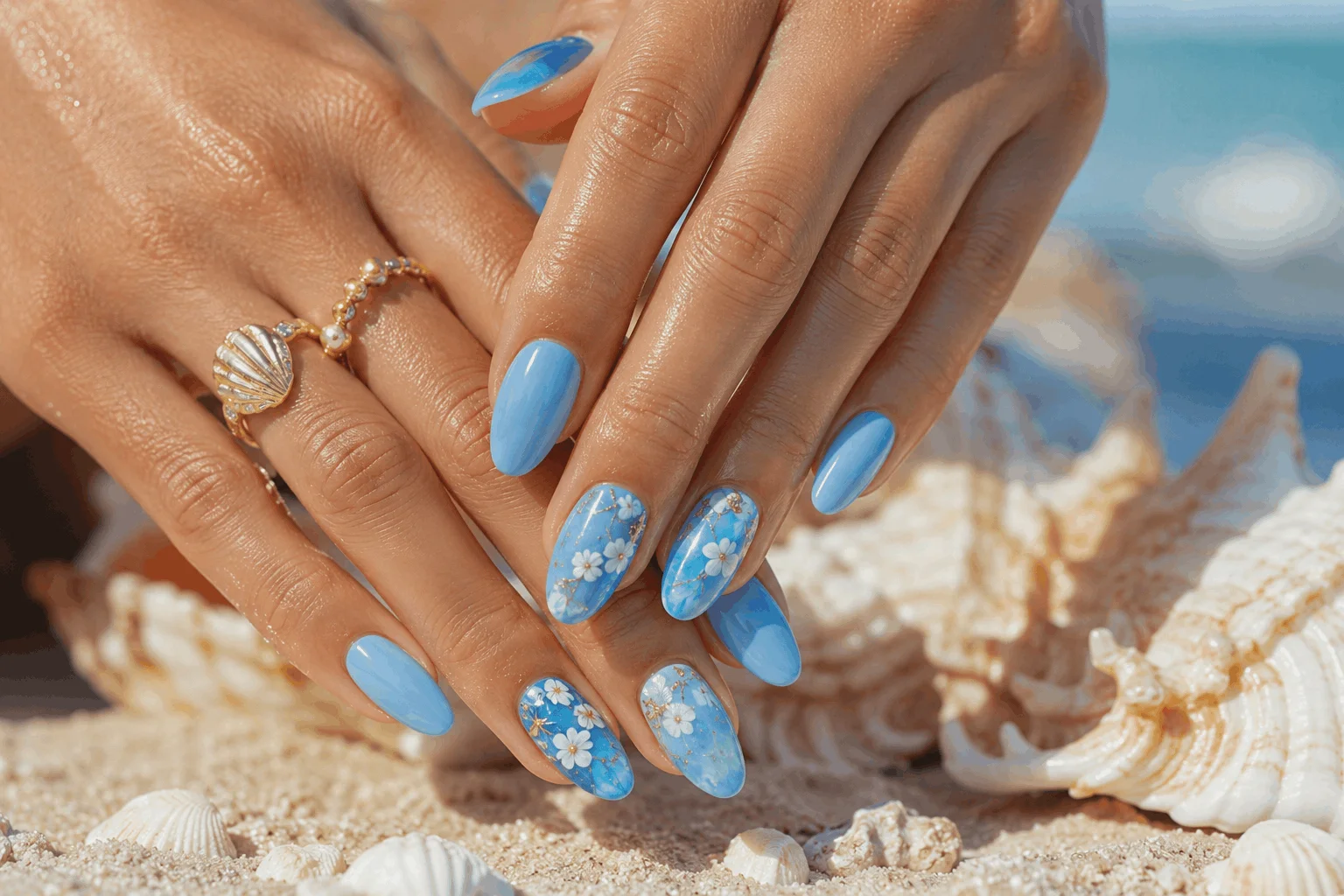 11 Summer Nails With Flowers You’ll Want ASAP 9 Blue floral nails with beach vacation aesthetic