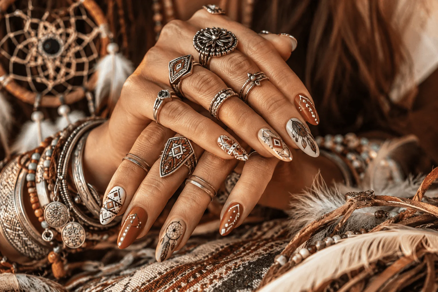 12 Coachella Nails Designs That Steal the Spotlight 7 Boho nails featuring tribal patterns and earthy tones
