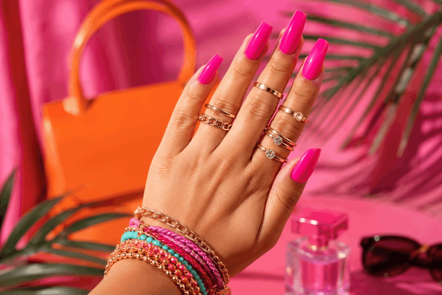 10 Eye-Catching Pink Nails & Hot Pink Gel Styles 3 Bold hot pink nails with trendy fashion styling