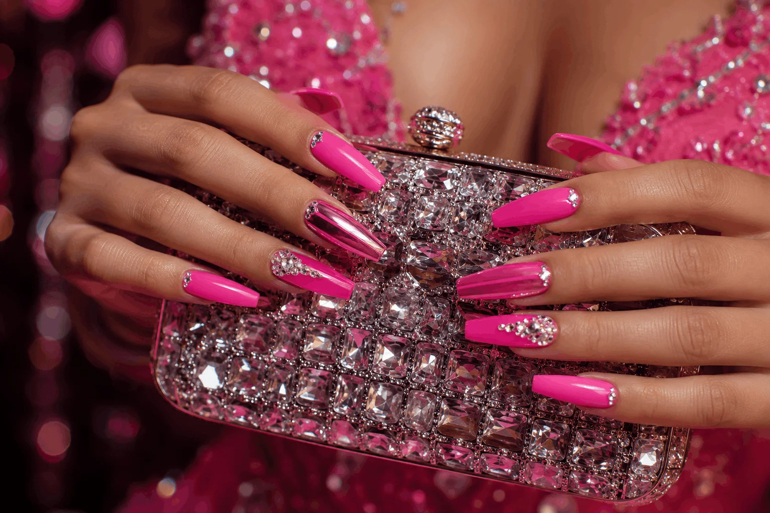 10 Pink Prom Nails That Are Pure Prom Queen 3 Bold hot pink prom nails with glamorous prom aesthetic