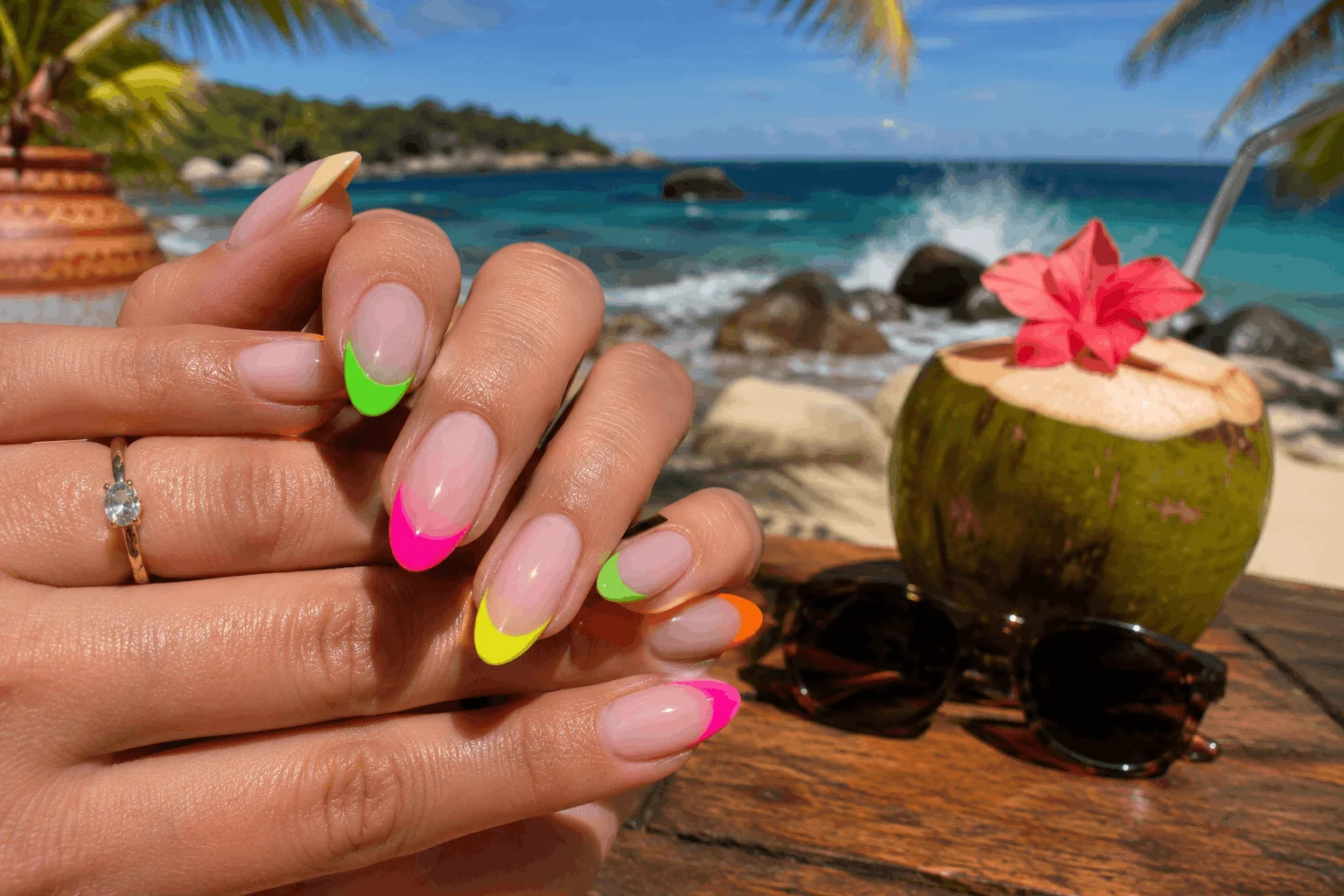 11 Summer French Tip Nails Trending on Pinterest 2 Bright neon summer French tip nails with tropical vacation colors