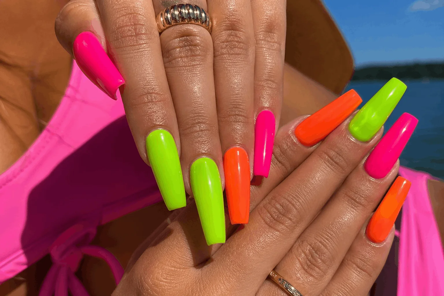 10 Summer Acrylic Nails 2026 That Look Stunning 2 Bright neon summer acrylic nails 2026 design