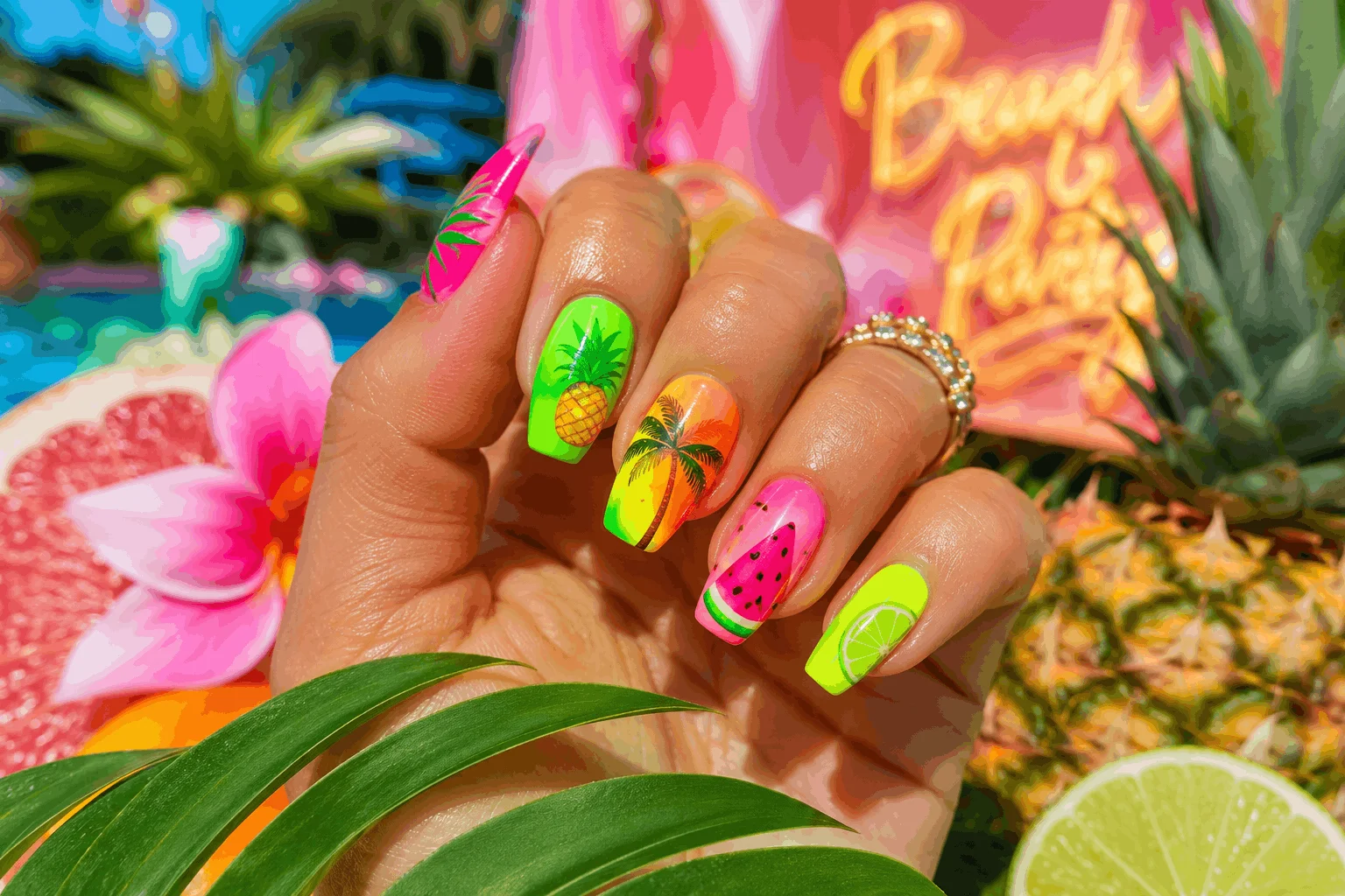 10 Summer Beach Nails Every Trend Lover Will Save 10 Bright neon tropical beach vacation nails