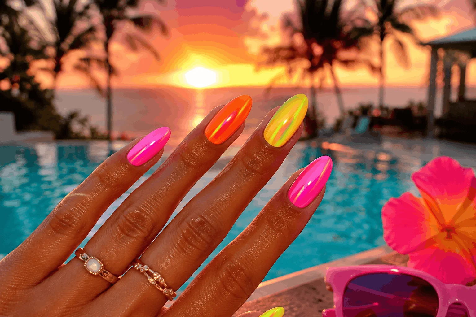 10 Tropical Sunset Nails That Scream Summer Vibes 6 Bright neon tropical sunset nails for summer