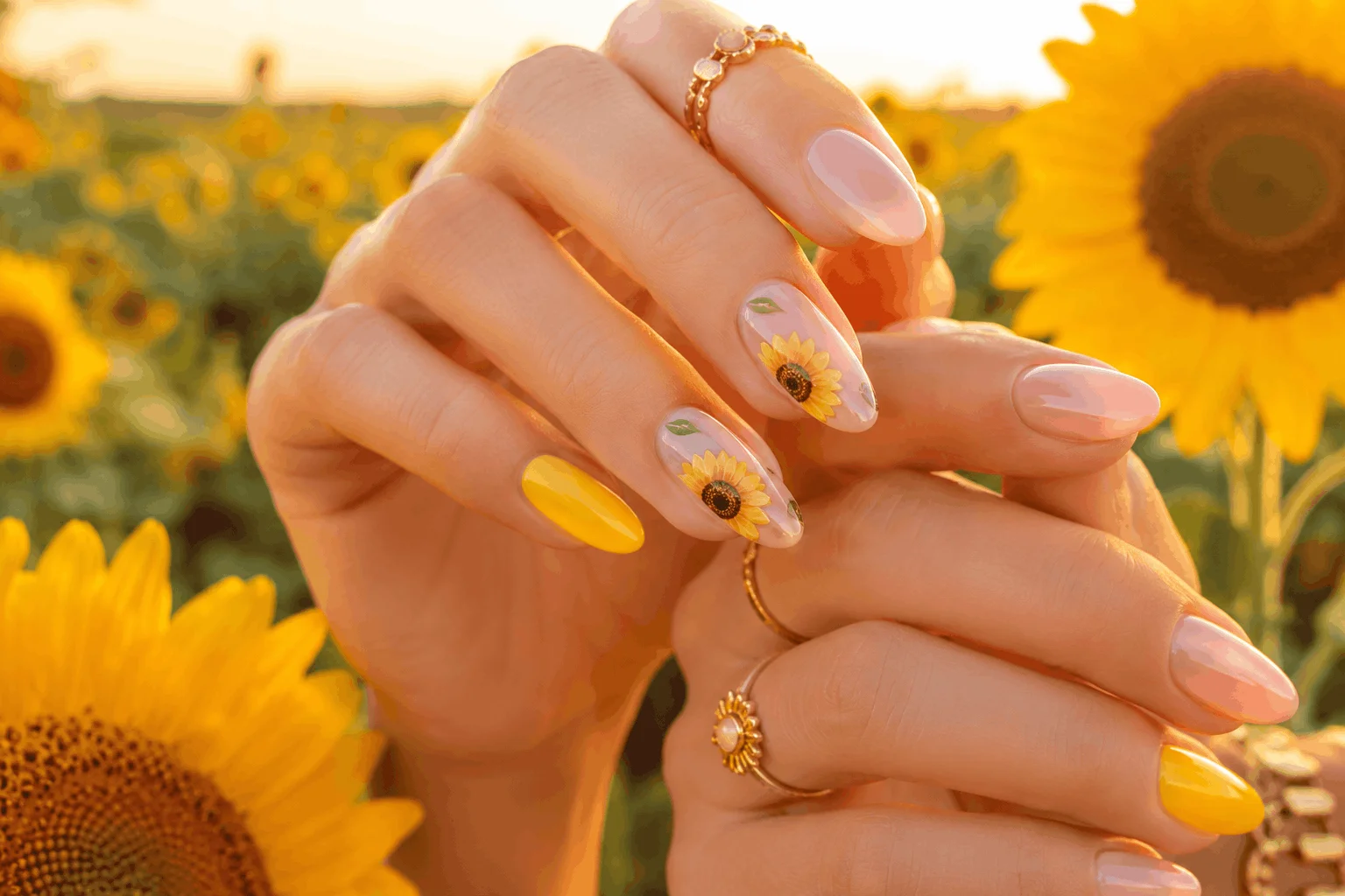 11 Summer Nails With Flowers You’ll Want ASAP 5 Bright sunflower accent nails for summer sunshine look