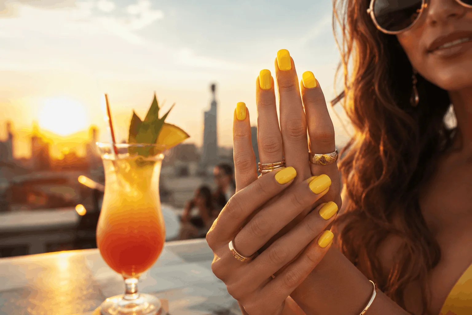 11 Yellow Summer Nails That Look So Bright & Cute 3 Bright sunshine yellow nails glowing in summer sunset light