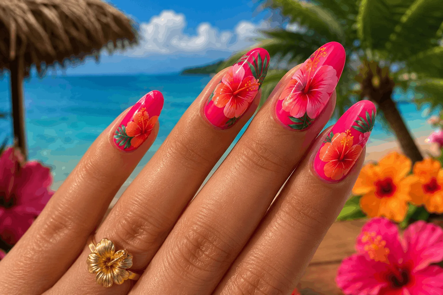 10 Pink Hibiscus Nails That Feel Like Paradise 3 Bright tropical hibiscus nails with colorful beach vacation design
